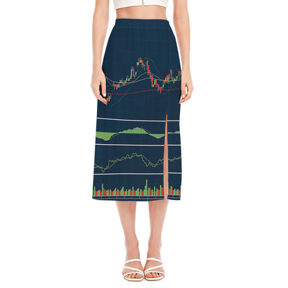 Stock Candlestick And Indicators Print Side Slit Midi Skirt