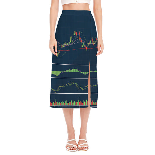 Stock Candlestick And Indicators Print Side Slit Midi Skirt