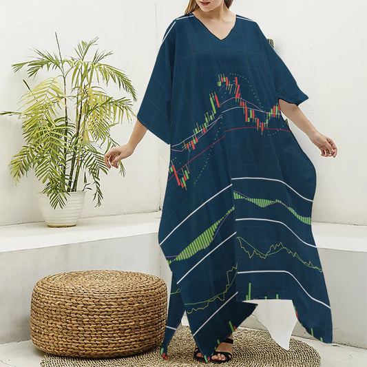Stock Candlestick And Indicators Print Silk V-Neck Kaftan Dress