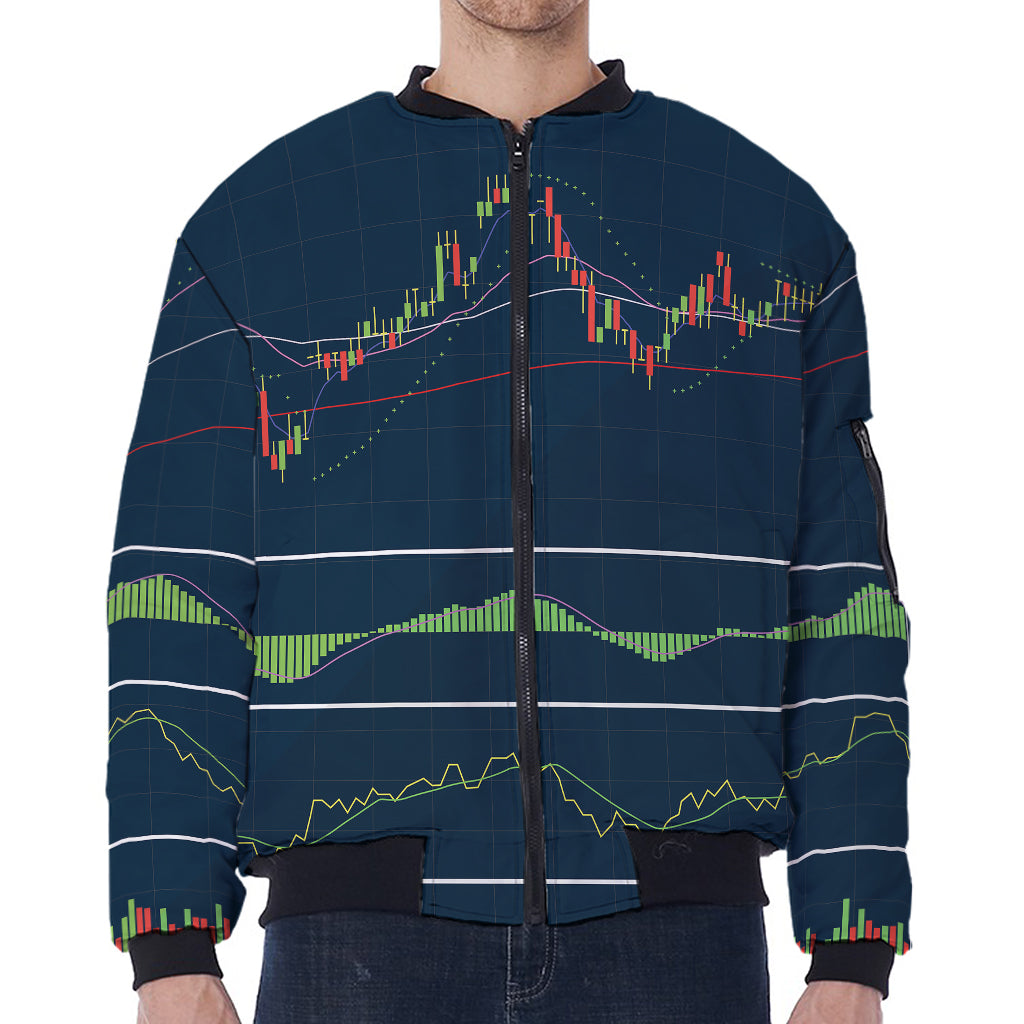 Stock Candlestick And Indicators Print Zip Sleeve Bomber Jacket