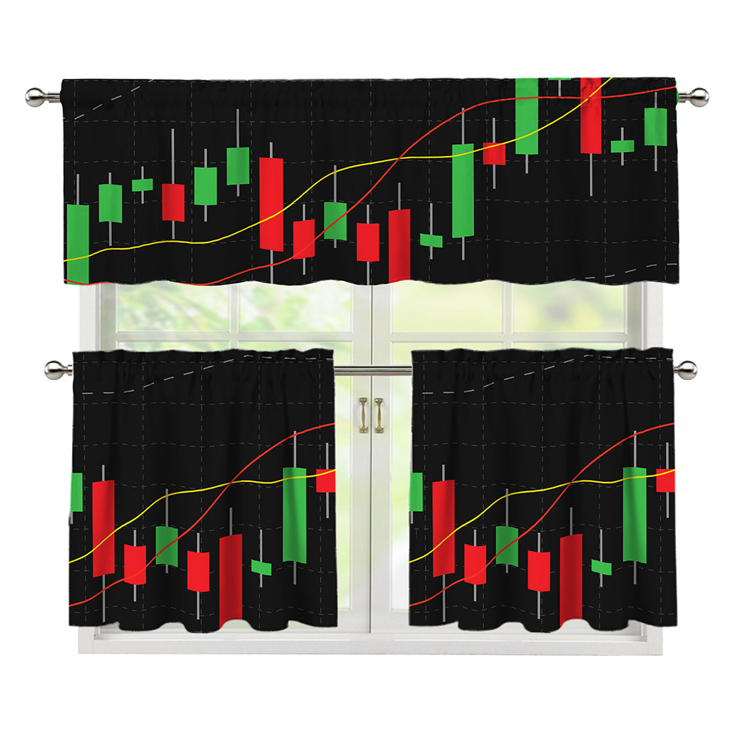 Stock Market Candlestick Print 3 Piece Kitchen Curtains