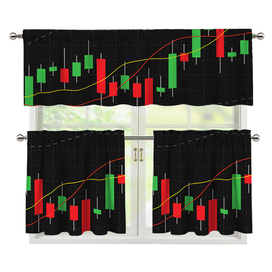 Stock Market Candlestick Print 3 Piece Kitchen Curtains