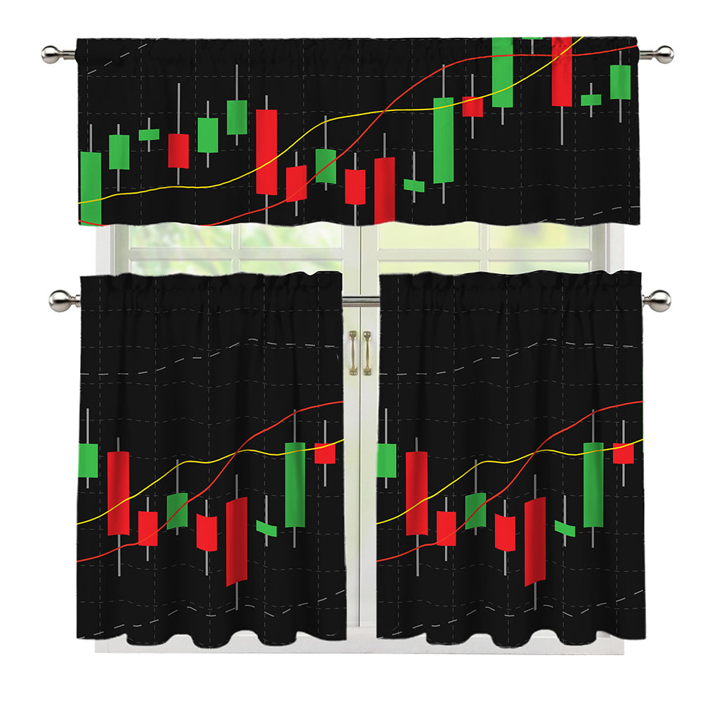 Stock Market Candlestick Print 3 Piece Kitchen Curtains
