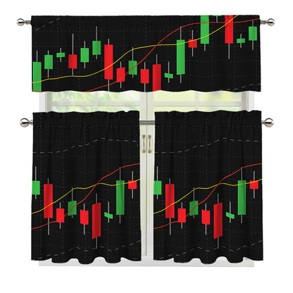 Stock Market Candlestick Print 3 Piece Kitchen Curtains
