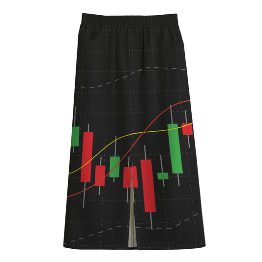 Stock Market Candlestick Print Cotton Front Slit Maxi Skirt
