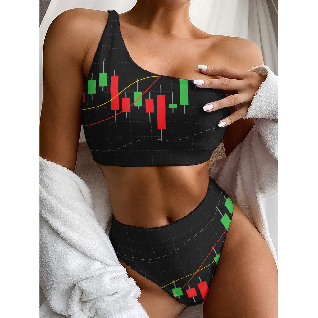 Stock Market Candlestick Print One Shoulder Bikini Top