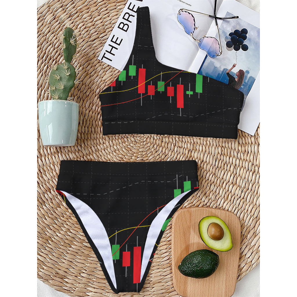 Stock Market Candlestick Print One Shoulder Bikini Top