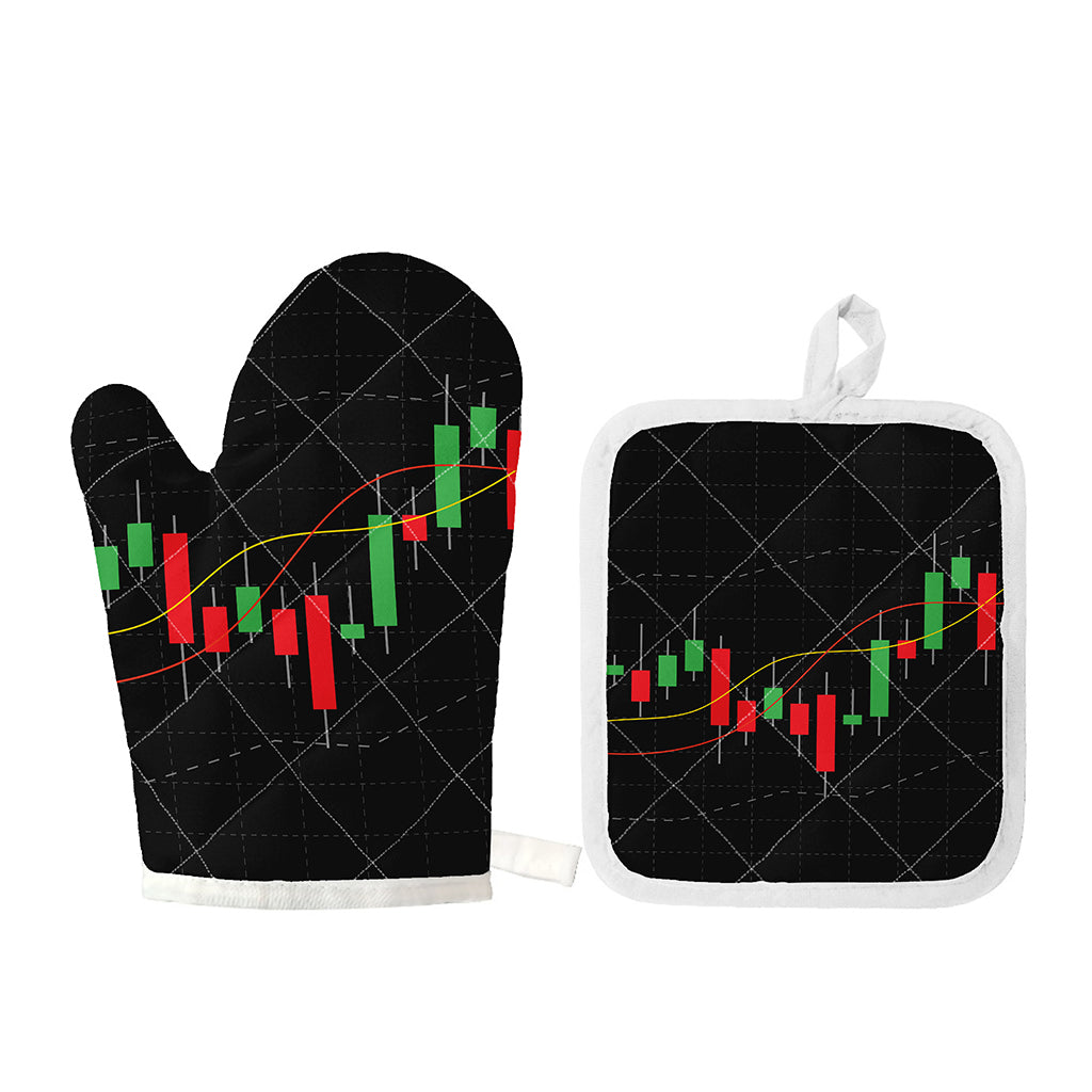 Stock Market Candlestick Print Oven Mitt And Pot Holder Set