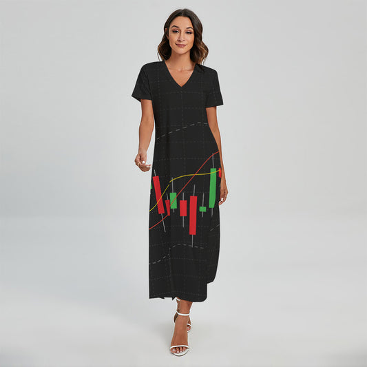 Stock Market Candlestick Print Short Sleeve Maxi Dress