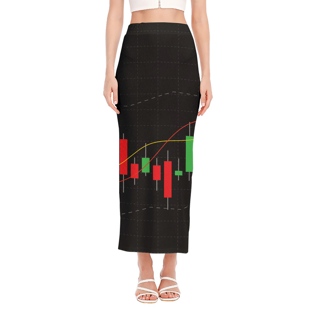 Stock Market Candlestick Print Side Slit Maxi Skirt