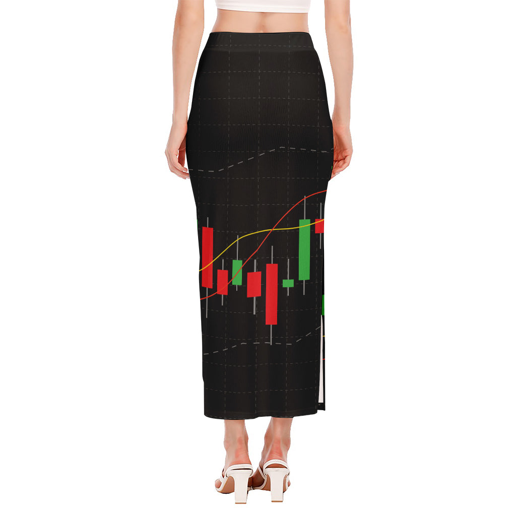 Stock Market Candlestick Print Side Slit Maxi Skirt