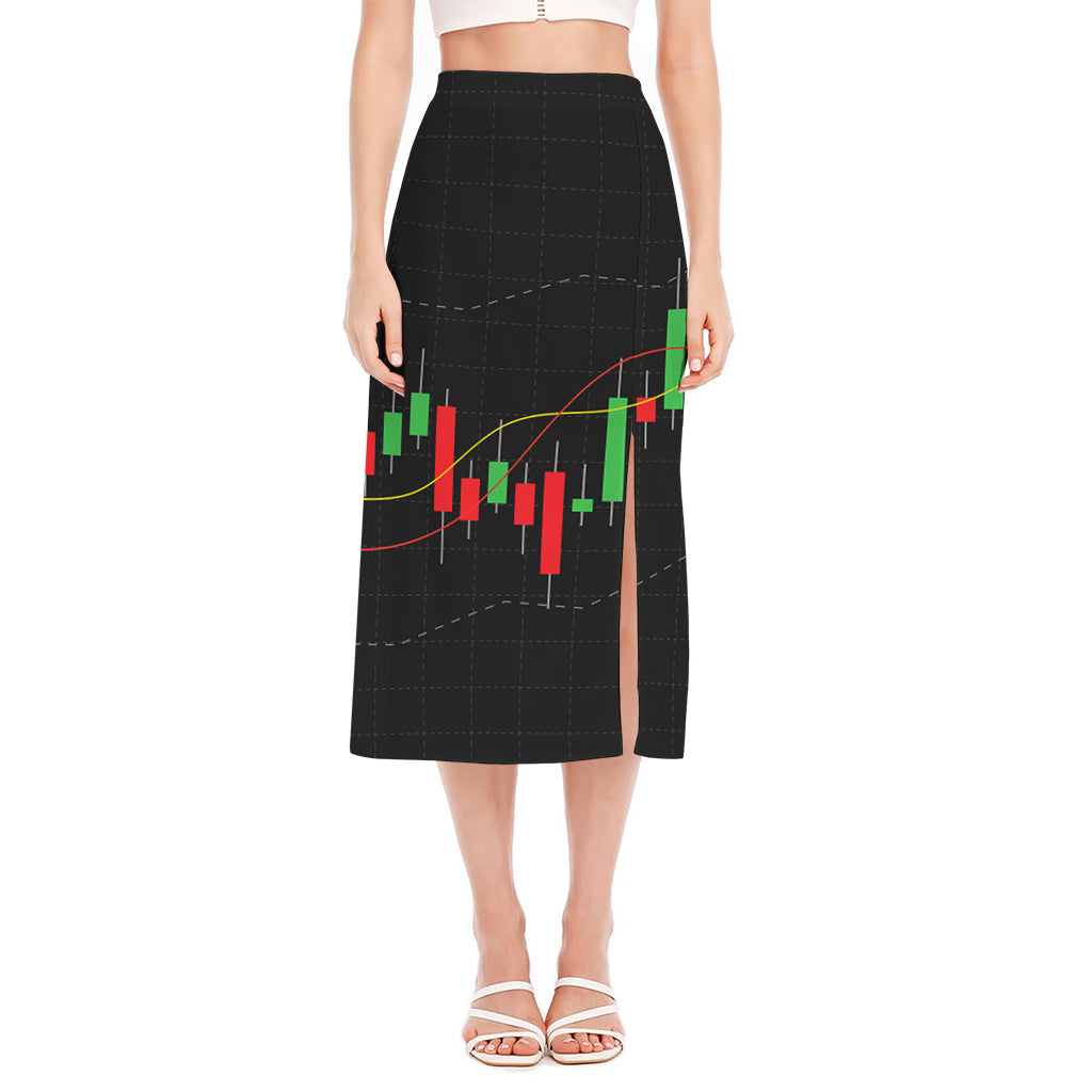 Stock Market Candlestick Print Side Slit Midi Skirt