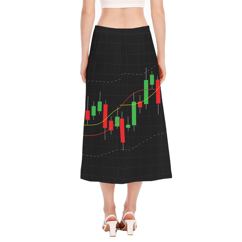 Stock Market Candlestick Print Side Slit Midi Skirt