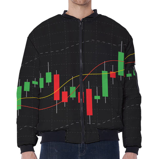 Stock Market Candlestick Print Zip Sleeve Bomber Jacket