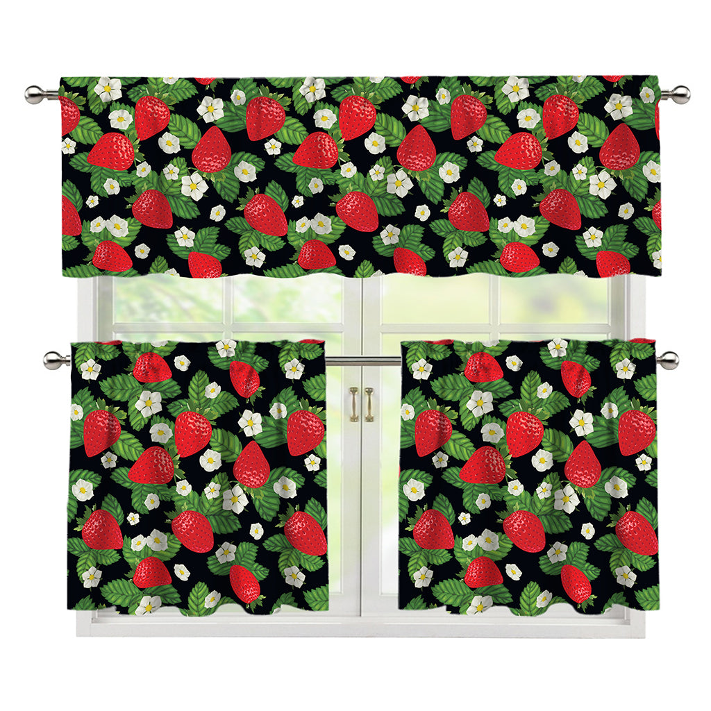 Strawberry And Flower Pattern Print 3 Piece Kitchen Curtains