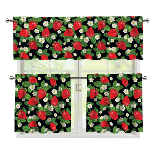Strawberry And Flower Pattern Print 3 Piece Kitchen Curtains