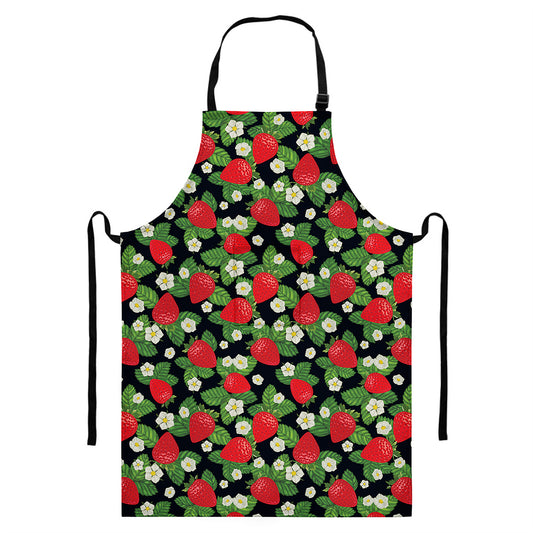 Strawberry And Flower Pattern Print Bib Apron With Pocket