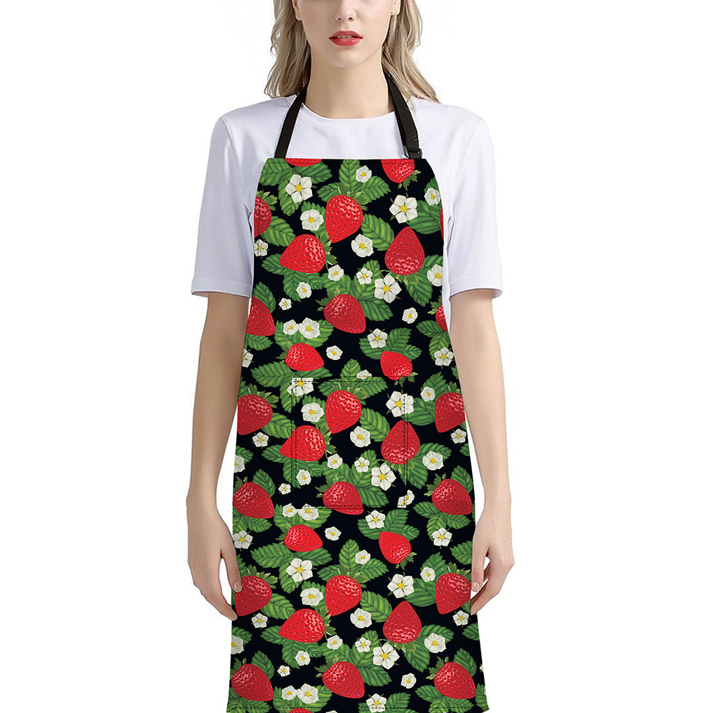 Strawberry And Flower Pattern Print Bib Apron With Pocket