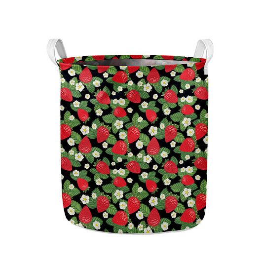 Strawberry And Flower Pattern Print Collapsible Laundry Basket
