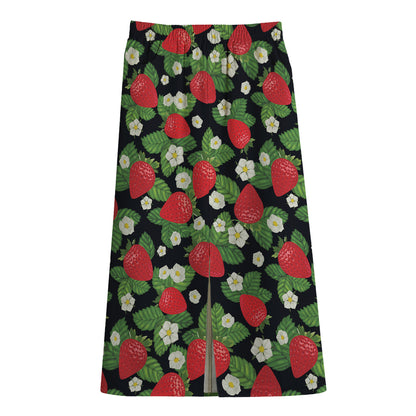 Strawberry And Flower Pattern Print Cotton Front Slit Maxi Skirt