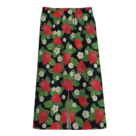 Strawberry And Flower Pattern Print Cotton Front Slit Maxi Skirt