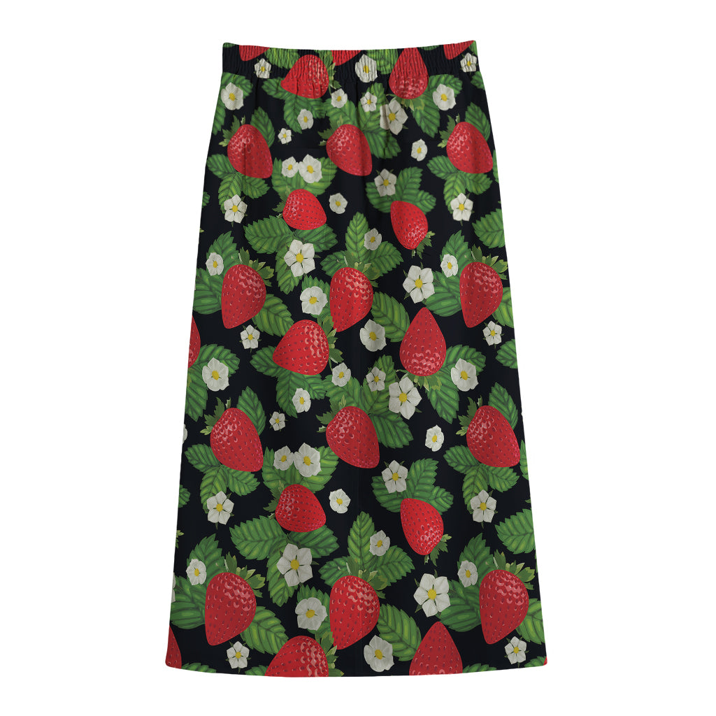 Strawberry And Flower Pattern Print Cotton Front Slit Maxi Skirt