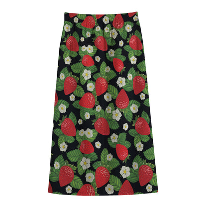 Strawberry And Flower Pattern Print Cotton Front Slit Maxi Skirt