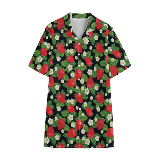 Strawberry And Flower Pattern Print Cotton Hawaiian Shirt