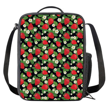 Strawberry And Flower Pattern Print Crossbody Lunch Bag