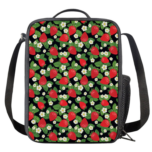 Strawberry And Flower Pattern Print Crossbody Lunch Bag