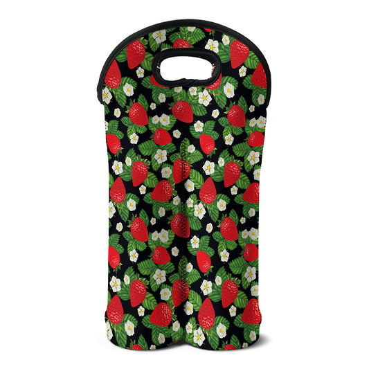 Strawberry And Flower Pattern Print Double Neoprene Wine Tote