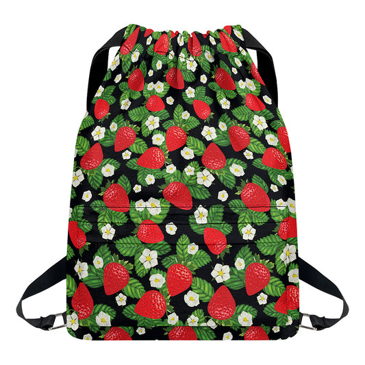Strawberry And Flower Pattern Print Drawstring Backpack