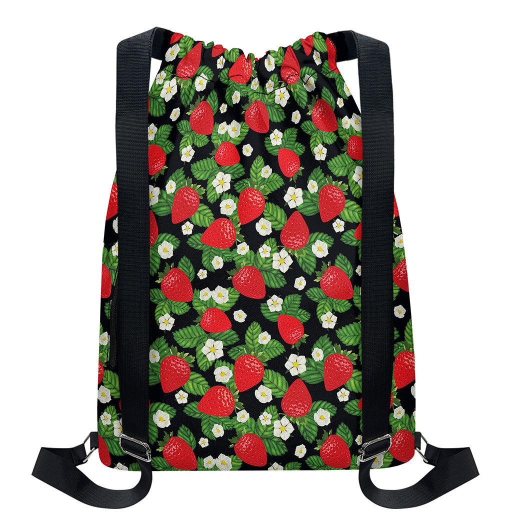 Strawberry And Flower Pattern Print Drawstring Backpack