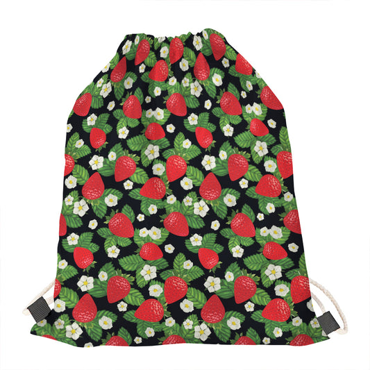 Strawberry And Flower Pattern Print Drawstring Bag