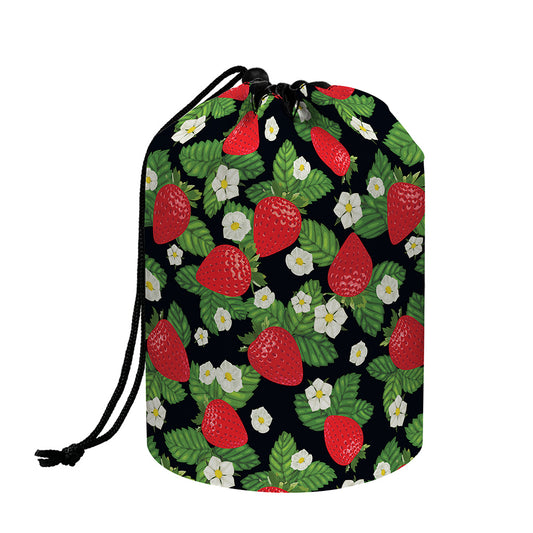 Strawberry And Flower Pattern Print Drawstring Makeup Bag