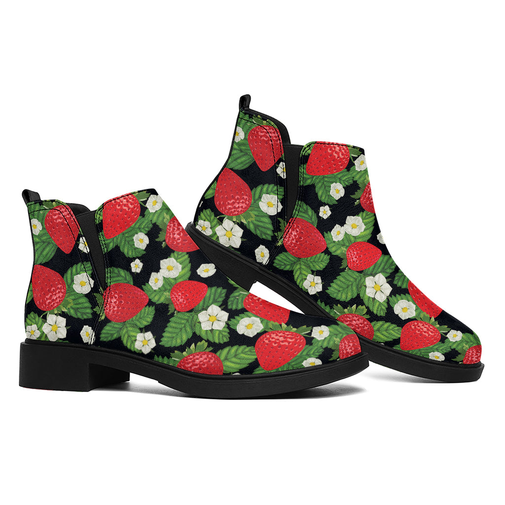 Strawberry And Flower Pattern Print Flat Ankle Boots