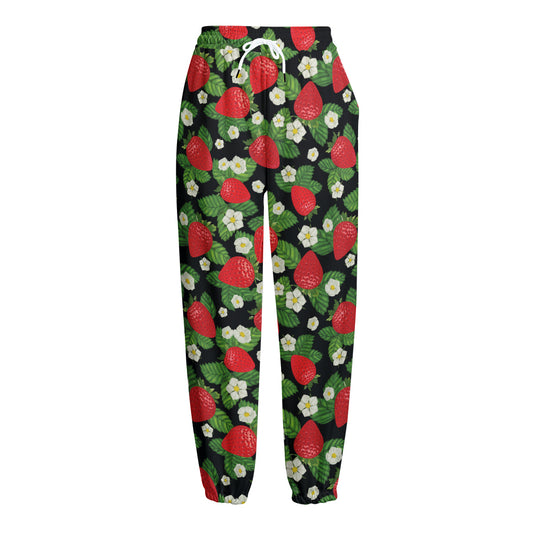 Strawberry And Flower Pattern Print Fleece Lined Knit Pants
