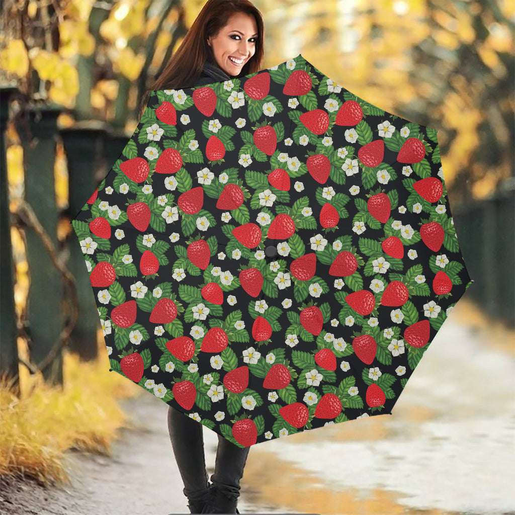 Strawberry And Flower Pattern Print Foldable Umbrella