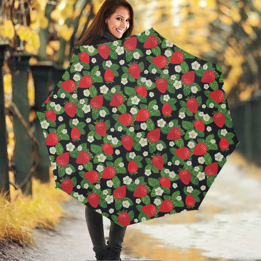 Strawberry And Flower Pattern Print Foldable Umbrella