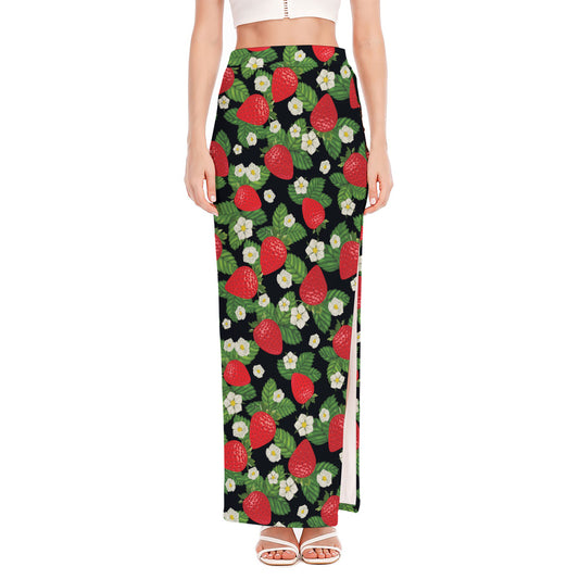 Strawberry And Flower Pattern Print High Slit Maxi Skirt