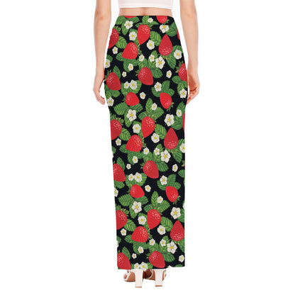 Strawberry And Flower Pattern Print High Slit Maxi Skirt