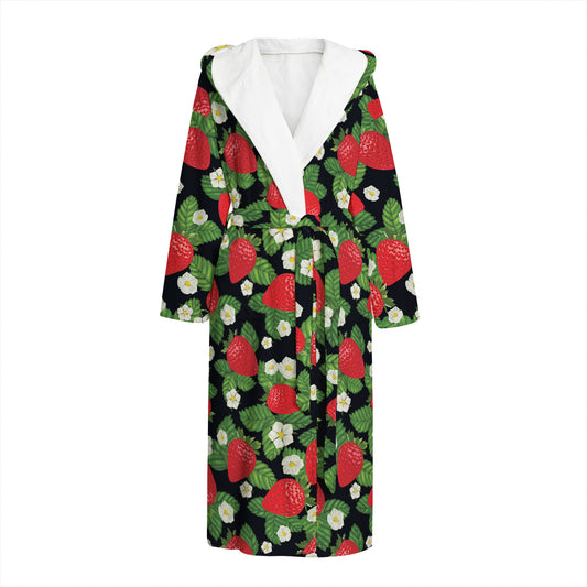 Strawberry And Flower Pattern Print Hooded Bathrobe