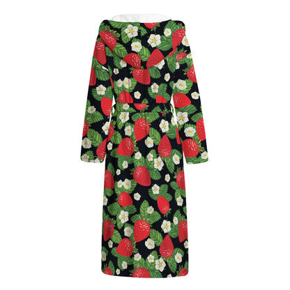 Strawberry And Flower Pattern Print Hooded Bathrobe