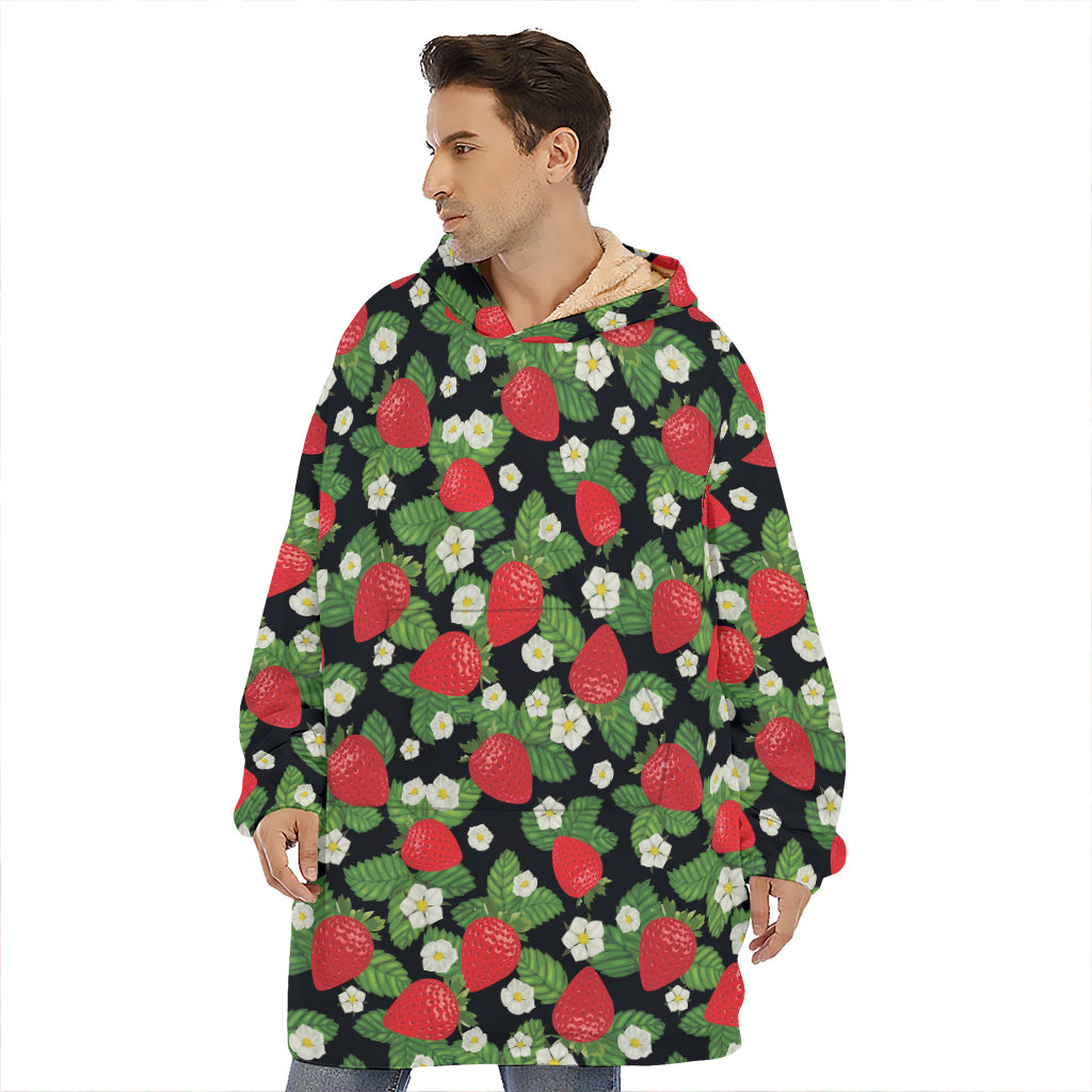 Strawberry And Flower Pattern Print Hoodie Blanket