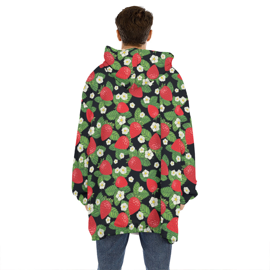Strawberry And Flower Pattern Print Hoodie Blanket