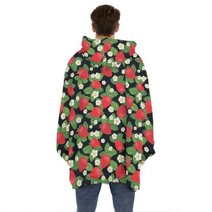 Strawberry And Flower Pattern Print Hoodie Blanket