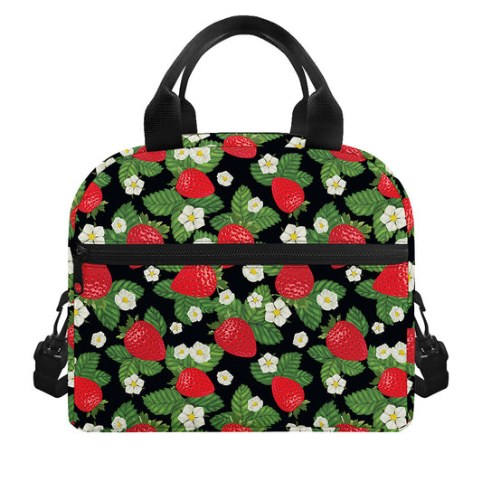 Strawberry And Flower Pattern Print Insulated Lunch Bag