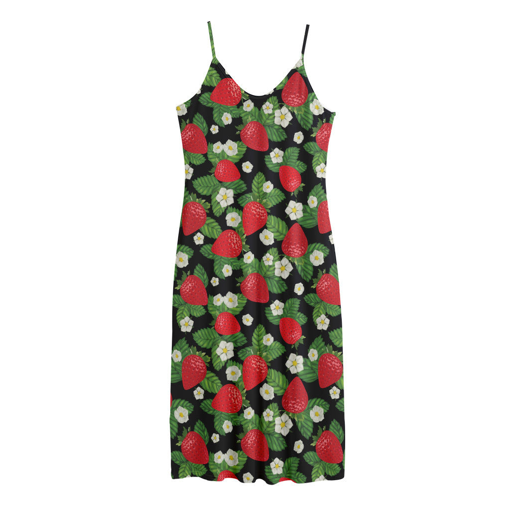 Strawberry And Flower Pattern Print Jersey Midi Cami Dress