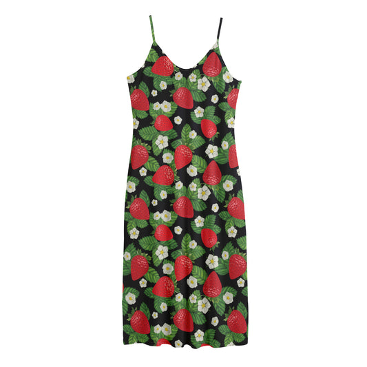 Strawberry And Flower Pattern Print Jersey Midi Cami Dress