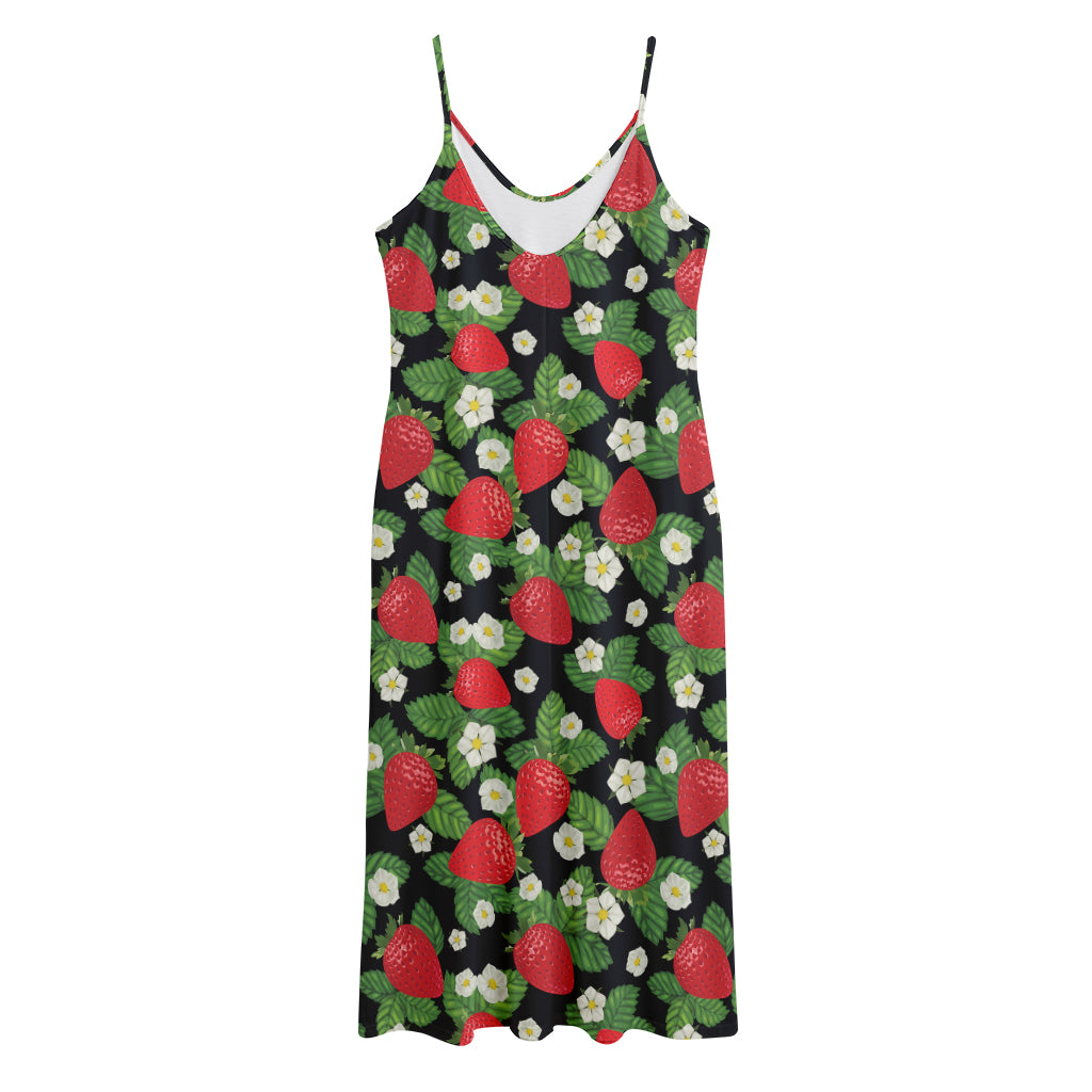 Strawberry And Flower Pattern Print Jersey Midi Cami Dress